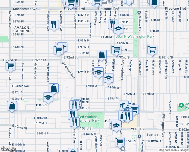 map of restaurants, bars, coffee shops, grocery stores, and more near 9418 Zamora Avenue in Los Angeles
