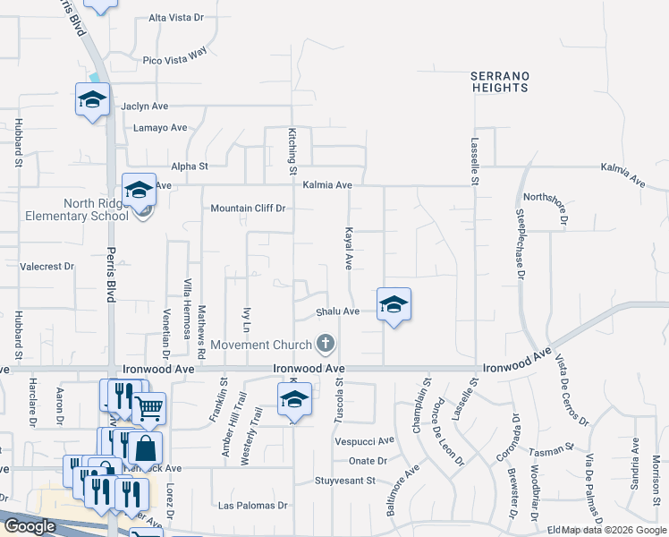 map of restaurants, bars, coffee shops, grocery stores, and more near 11686 Navel Avenue in Moreno Valley