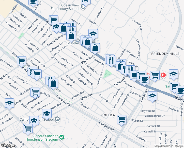 map of restaurants, bars, coffee shops, grocery stores, and more near 14463 Hayward Street in Whittier