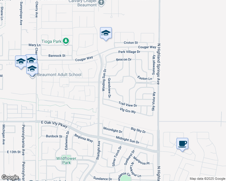 map of restaurants, bars, coffee shops, grocery stores, and more near 1521 Summerfield Way in Beaumont