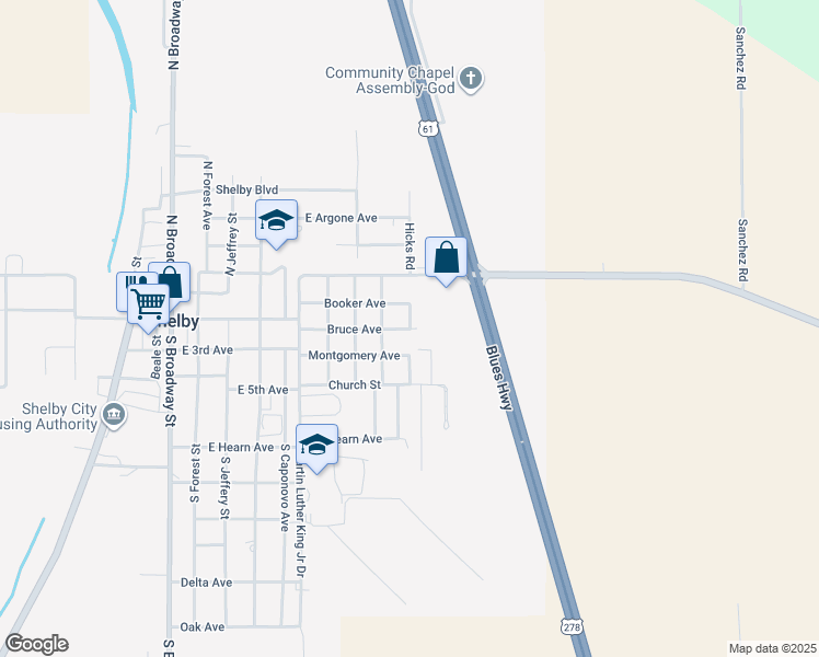 map of restaurants, bars, coffee shops, grocery stores, and more near 1111 Bruce Avenue in Shelby