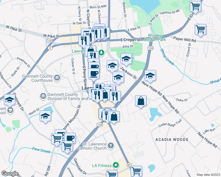 map of restaurants, bars, coffee shops, grocery stores, and more near 101 Neal Boulevard in Lawrenceville