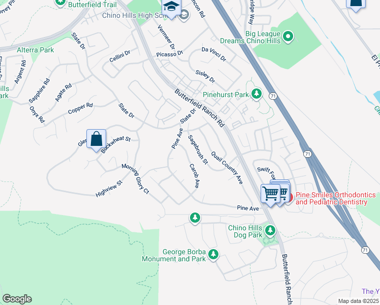 map of restaurants, bars, coffee shops, grocery stores, and more near 16673 Carob Avenue in Chino Hills