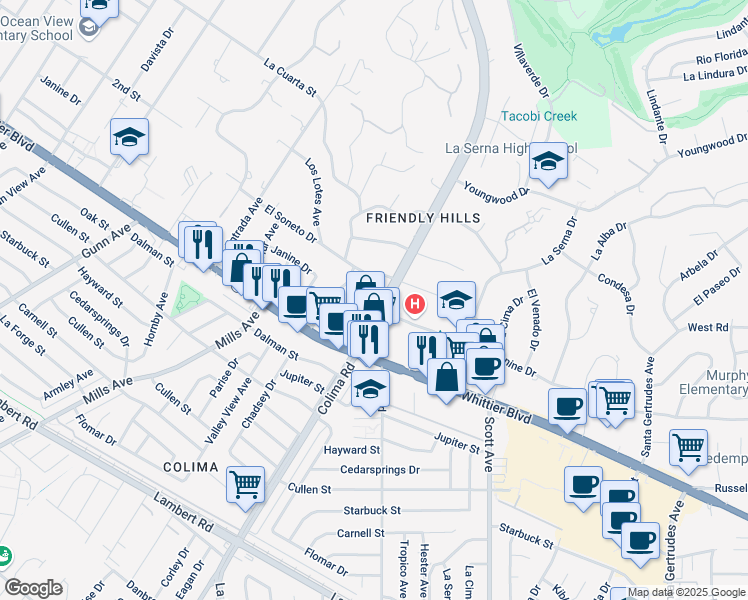 map of restaurants, bars, coffee shops, grocery stores, and more near 14945 Janine Drive in Whittier
