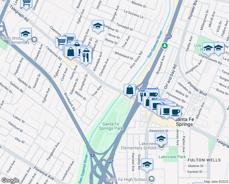 map of restaurants, bars, coffee shops, grocery stores, and more near 9146 Pico Vista Road in Downey