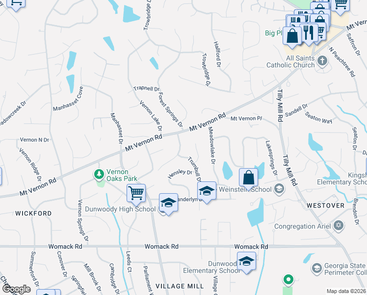 map of restaurants, bars, coffee shops, grocery stores, and more near 5170 Trumbull Court in Dunwoody