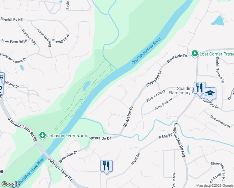 map of restaurants, bars, coffee shops, grocery stores, and more near 2035 River North Parkway Northwest in Atlanta