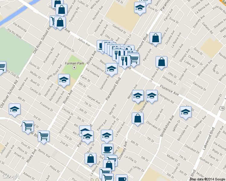 map of restaurants, bars, coffee shops, grocery stores, and more near in Downey