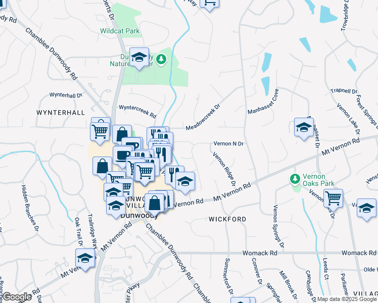 map of restaurants, bars, coffee shops, grocery stores, and more near 1404 Vernon North Drive in Dunwoody