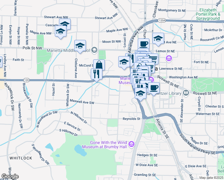 map of restaurants, bars, coffee shops, grocery stores, and more near 43 McDonald Street Southwest in Marietta