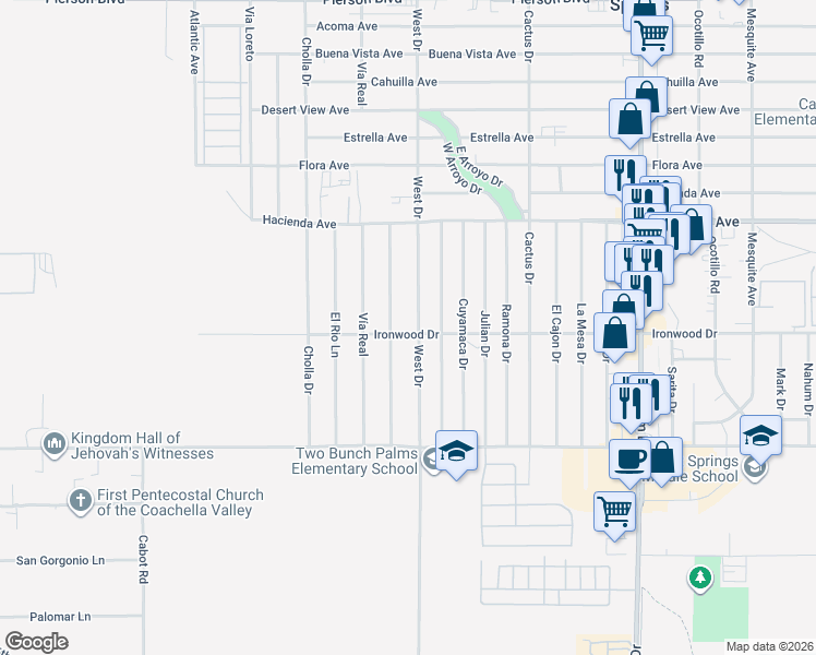 map of restaurants, bars, coffee shops, grocery stores, and more near 13442 Del Ray Lane in Desert Hot Springs