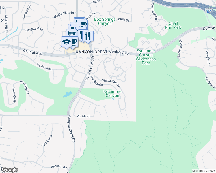 map of restaurants, bars, coffee shops, grocery stores, and more near 710 Vía Zapata in Riverside