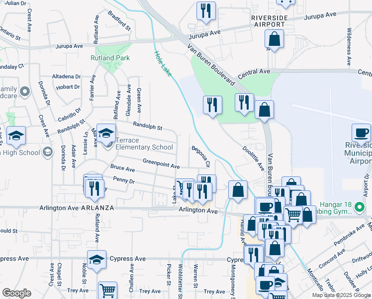 map of restaurants, bars, coffee shops, grocery stores, and more near 6656 Geranium Place in Riverside