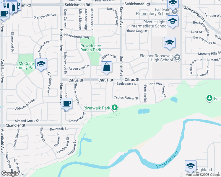 map of restaurants, bars, coffee shops, grocery stores, and more near 7535 Soaring Bird Court in Corona