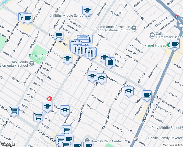 map of restaurants, bars, coffee shops, grocery stores, and more near 10247 La Reina Avenue in Downey