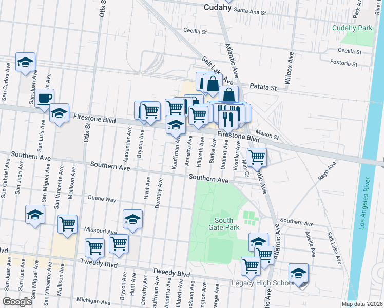 map of restaurants, bars, coffee shops, grocery stores, and more near 8946 Annetta Avenue in South Gate