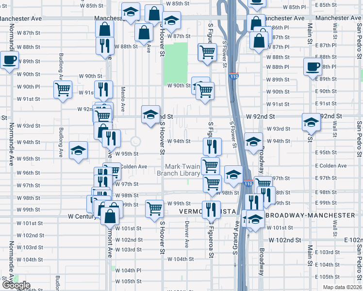 map of restaurants, bars, coffee shops, grocery stores, and more near 623 West 94th Street in Los Angeles