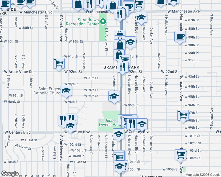map of restaurants, bars, coffee shops, grocery stores, and more near 1876 West 94th Street in Los Angeles
