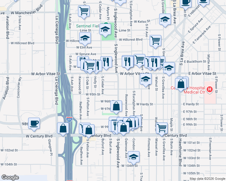 map of restaurants, bars, coffee shops, grocery stores, and more near 4817 West 94th Street in Inglewood