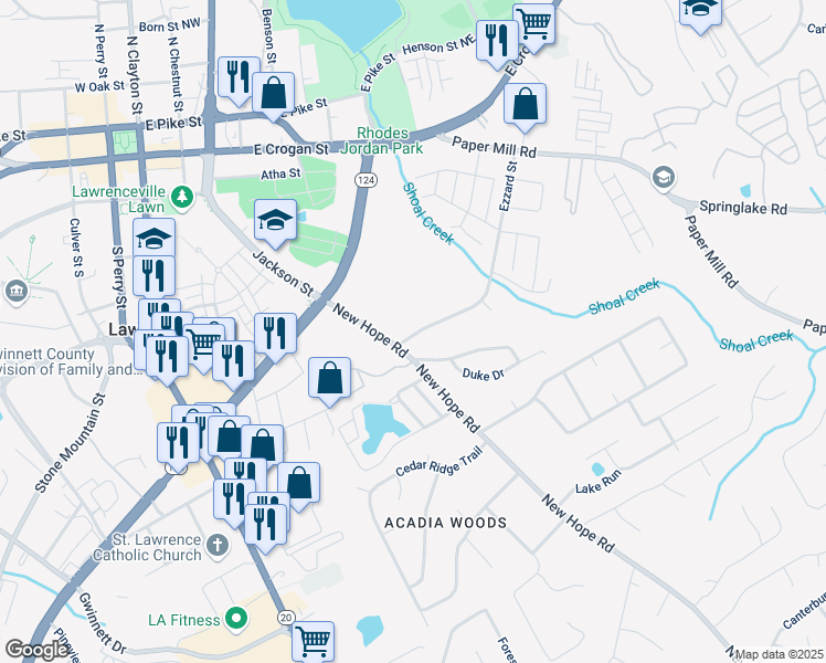 map of restaurants, bars, coffee shops, grocery stores, and more near 34 Ezzard Street in Lawrenceville