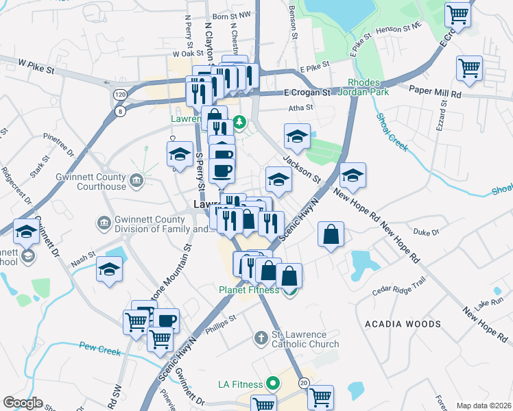 map of restaurants, bars, coffee shops, grocery stores, and more near in Lawrenceville