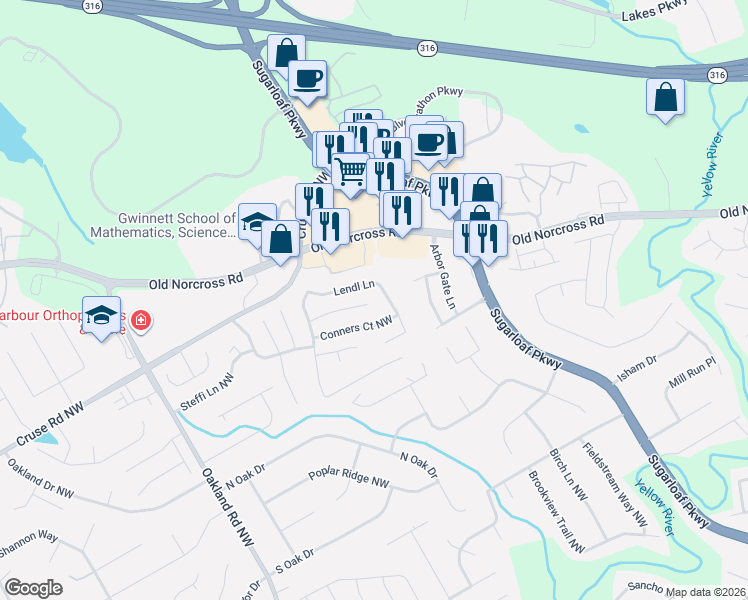 map of restaurants, bars, coffee shops, grocery stores, and more near 1045 Lendl Lane in Lawrenceville