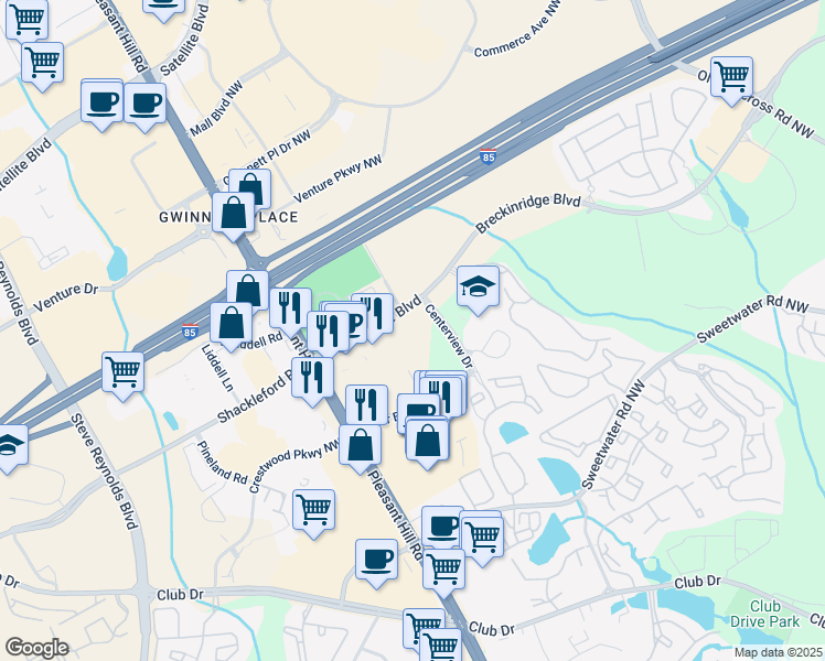 map of restaurants, bars, coffee shops, grocery stores, and more near 3521 Breckinridge Boulevard in Duluth