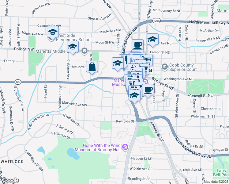 map of restaurants, bars, coffee shops, grocery stores, and more near 175 Wright Street SW in Marietta