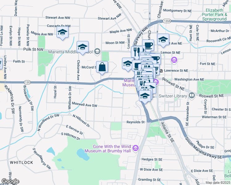 map of restaurants, bars, coffee shops, grocery stores, and more near 43 McDonald Street Southwest in Marietta
