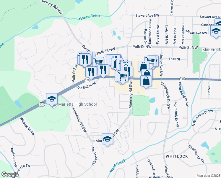 map of restaurants, bars, coffee shops, grocery stores, and more near 925 Whitlock Avenue Southwest in Marietta
