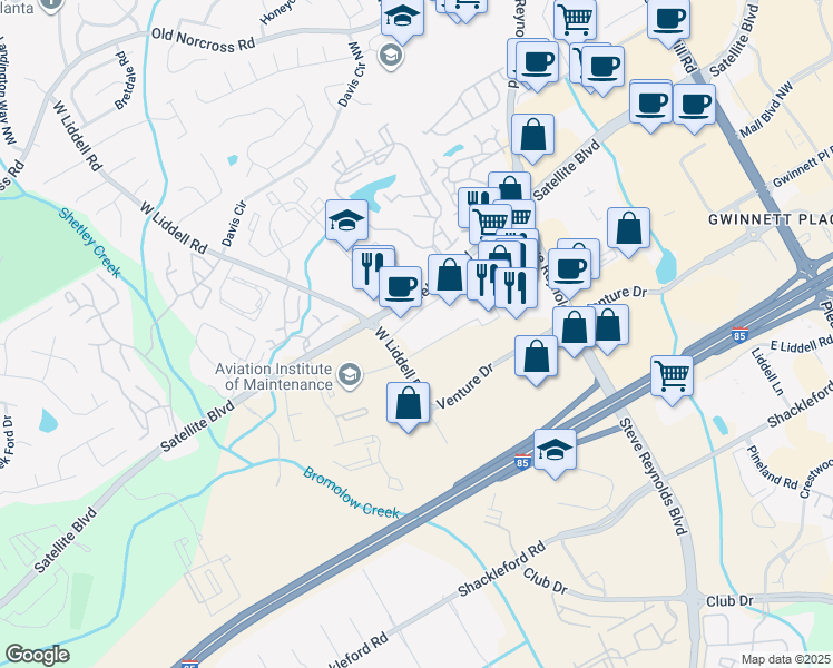 map of restaurants, bars, coffee shops, grocery stores, and more near 2050 West Liddell Road in Duluth