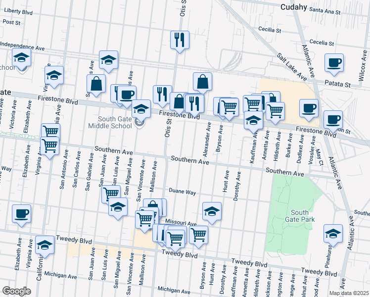 map of restaurants, bars, coffee shops, grocery stores, and more near 8975 McNerney Avenue in South Gate