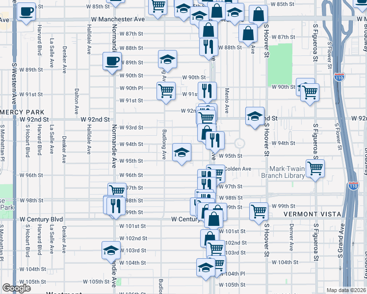 map of restaurants, bars, coffee shops, grocery stores, and more near 1110 West 94th Street in Los Angeles