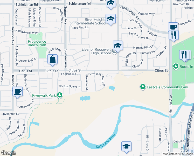 map of restaurants, bars, coffee shops, grocery stores, and more near 13149 Berts Way in Corona