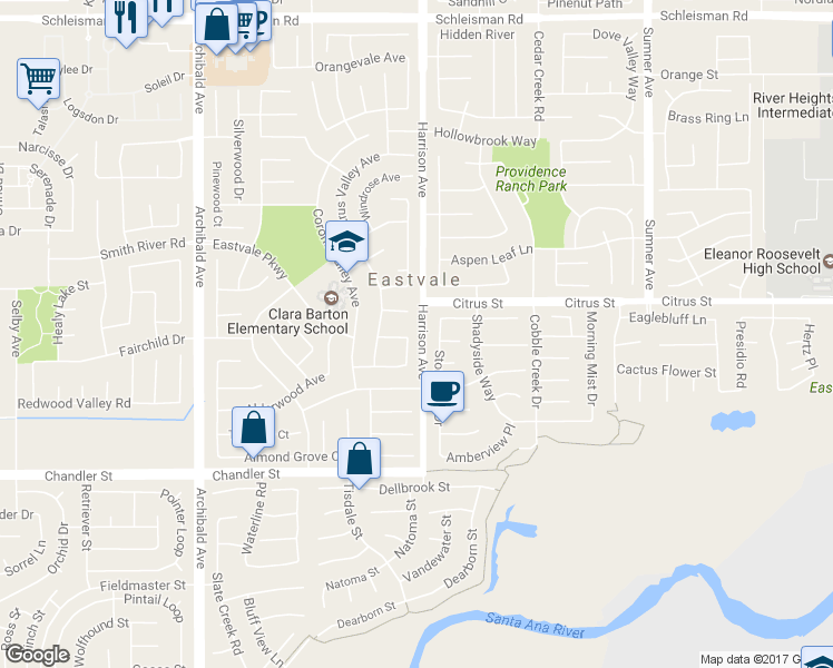 map of restaurants, bars, coffee shops, grocery stores, and more near 7556 Rose Marie Lane in Corona