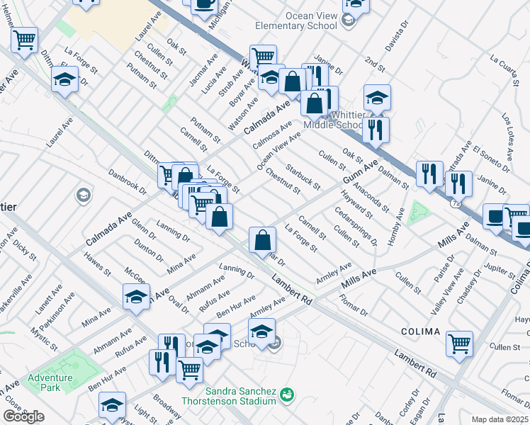 map of restaurants, bars, coffee shops, grocery stores, and more near 14227 La Forge Street in Whittier
