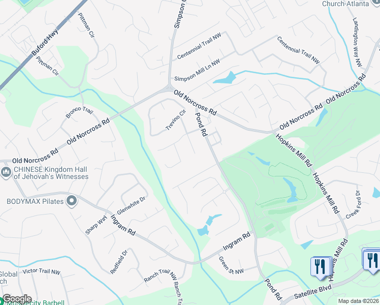 map of restaurants, bars, coffee shops, grocery stores, and more near 2442 Player Court Northwest in Duluth