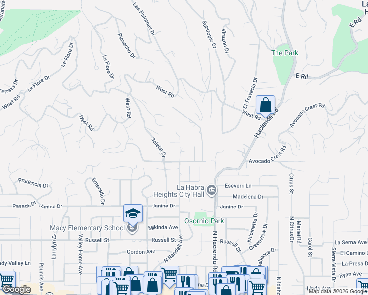 map of restaurants, bars, coffee shops, grocery stores, and more near 1422 Recado Road in La Habra