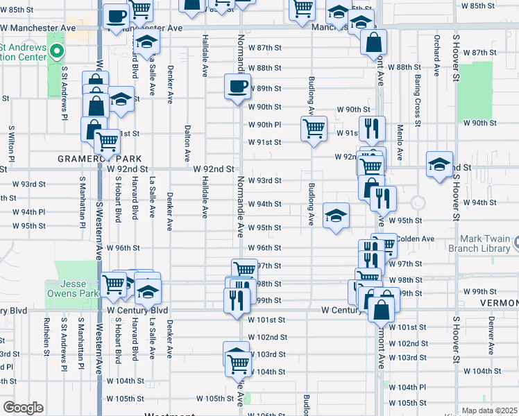map of restaurants, bars, coffee shops, grocery stores, and more near 1324 West 94th Street in Los Angeles
