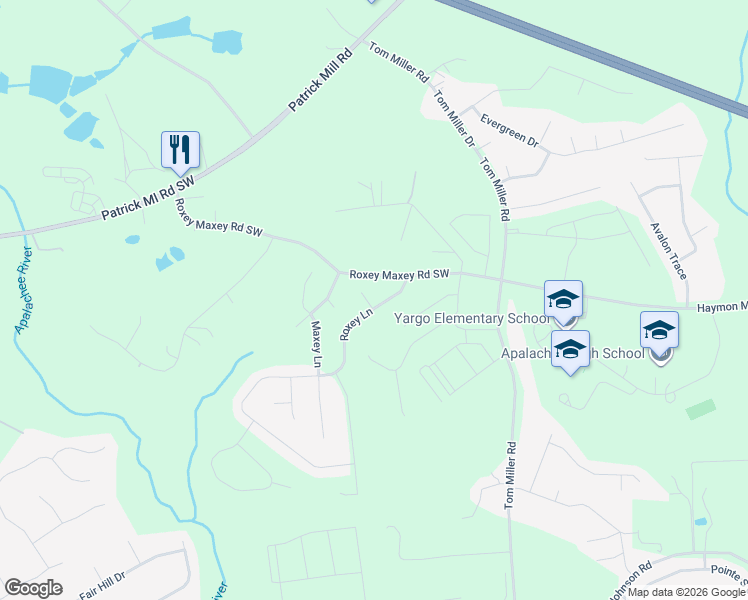map of restaurants, bars, coffee shops, grocery stores, and more near 1251 Maxey Court in Winder