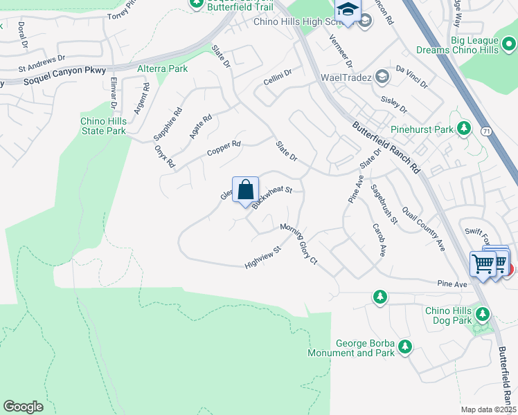 map of restaurants, bars, coffee shops, grocery stores, and more near 5095 Buckwheat Street in Chino Hills