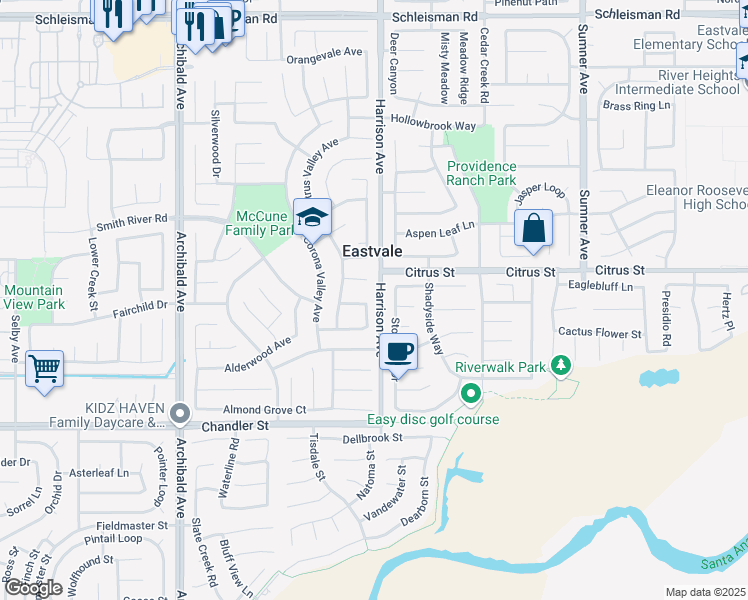 map of restaurants, bars, coffee shops, grocery stores, and more near 7556 Rose Marie Lane in Corona