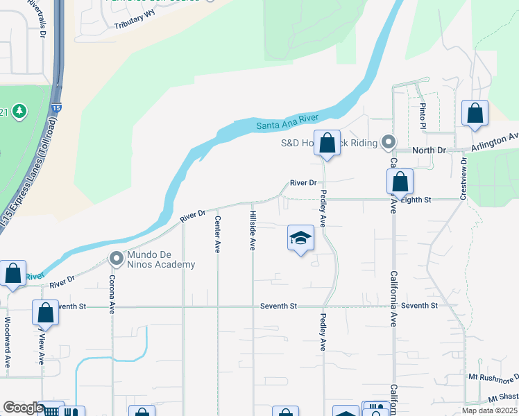 map of restaurants, bars, coffee shops, grocery stores, and more near 4729 Hillside Avenue in Norco