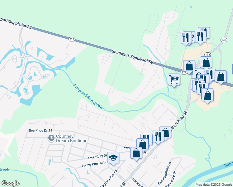 map of restaurants, bars, coffee shops, grocery stores, and more near 4576 Creek Court in Southport