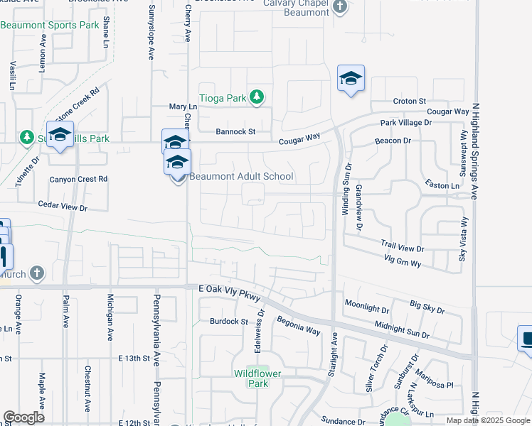 map of restaurants, bars, coffee shops, grocery stores, and more near 1527 Amethyst Lane in Beaumont