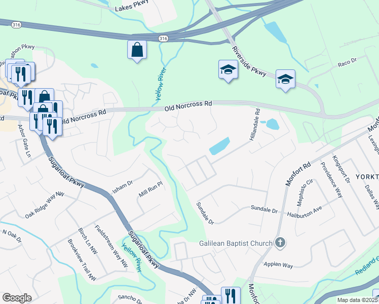 map of restaurants, bars, coffee shops, grocery stores, and more near 581 Brass Key Court in Lawrenceville