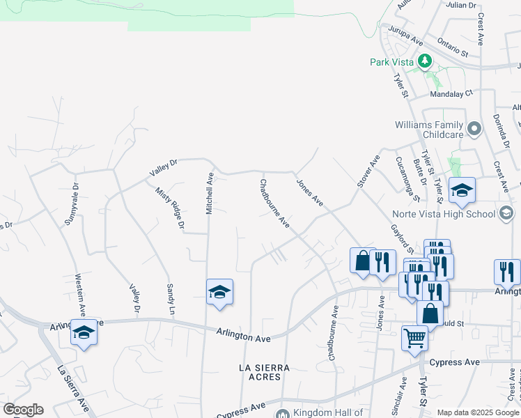 map of restaurants, bars, coffee shops, grocery stores, and more near 6935 Chadbourne Avenue in Riverside