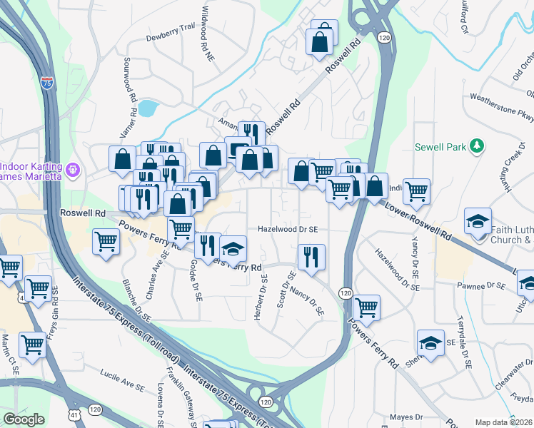 map of restaurants, bars, coffee shops, grocery stores, and more near 16 Harris Drive Southeast in Marietta