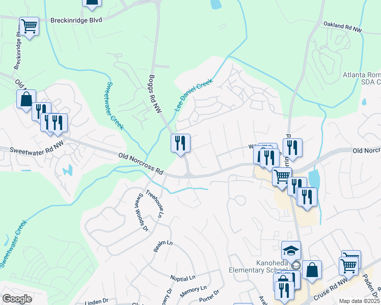 map of restaurants, bars, coffee shops, grocery stores, and more near 1340 Teaberry Circle in Lawrenceville