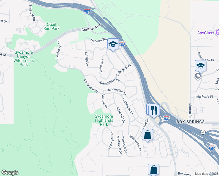 map of restaurants, bars, coffee shops, grocery stores, and more near 1413 Kirkmichael Circle in Riverside